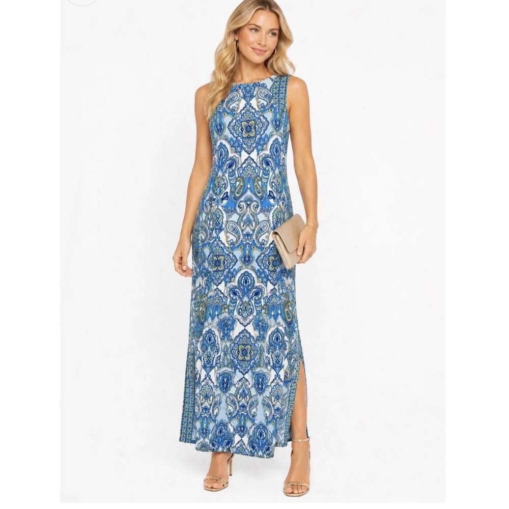 NWT London Times White/Blue Paisley Maxi Dress Women's Size 6 Long Sleeveless
